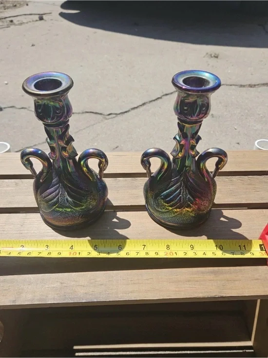 Fenton Carnival Glass Swan Candlesticks Pair Iridescent - repaired