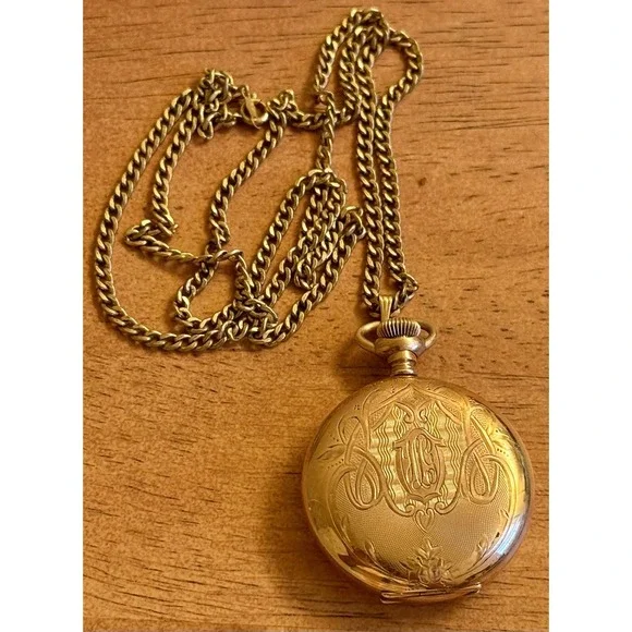 Antique 1916 Elgin Pocket Watch Gold Filled W/ Necklace Inscribed Needs Battery
