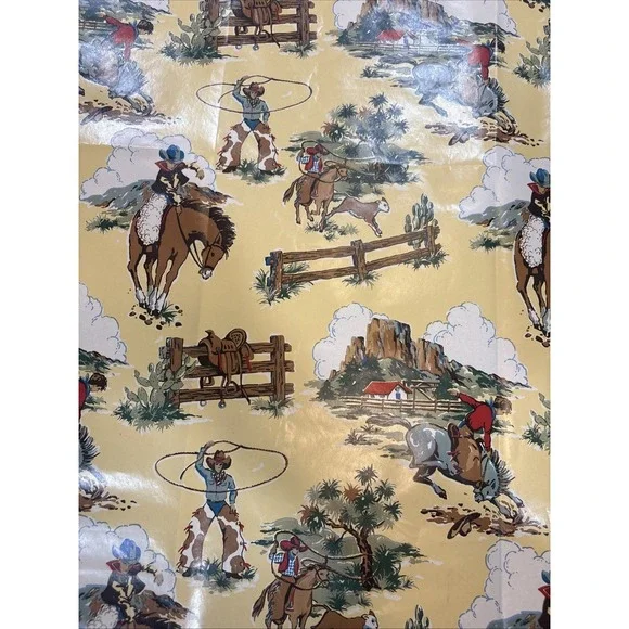 VTG Sheet of Cowboy Wrapping Paper 25 1/2x30 Horses Cow Saddle‎ Wild West Lasso