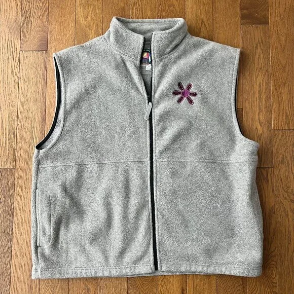Vintage Sierra Pacific Gray Fleece Vest Y2K Applique Floral Hearts Full Zip XL‎