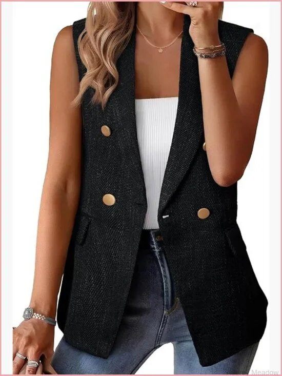 Sleeveless Tweed Blazer Vest Double Breasted Work Suit Jacket with Pockets