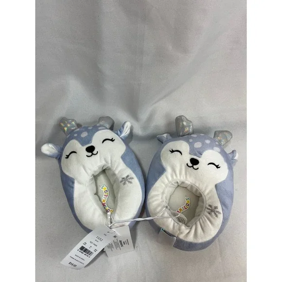 Squishmallows Blue‎ Deer Plush Slippers Iridescent Antlers Kids Size 11/12 NWT