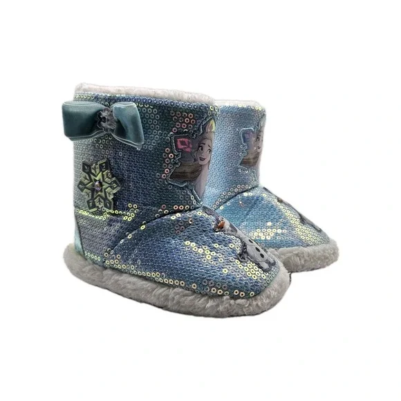 *Disney Frozen Blue Sequined Toddler Girls Slipper Booties Elsa‎ Olaf Sizes 7/8*