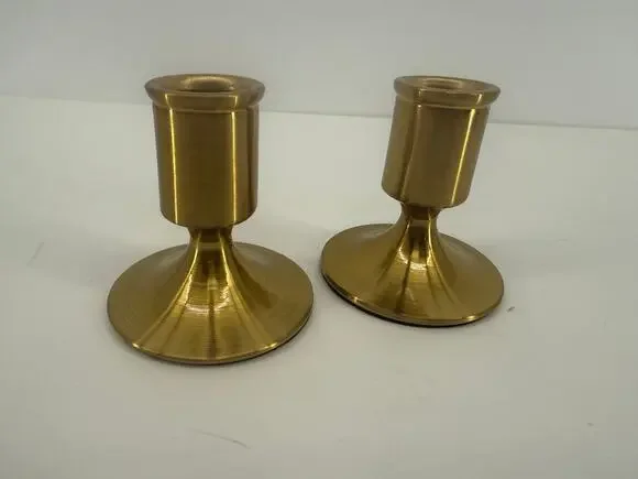 Brass Tone Candlestick Holders Modern Minimalist Taper Candle Pair Gold