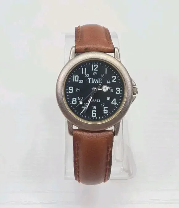 Time Military Dial Silver Tone Quartz Brown Leather Band Watch New Battery W279