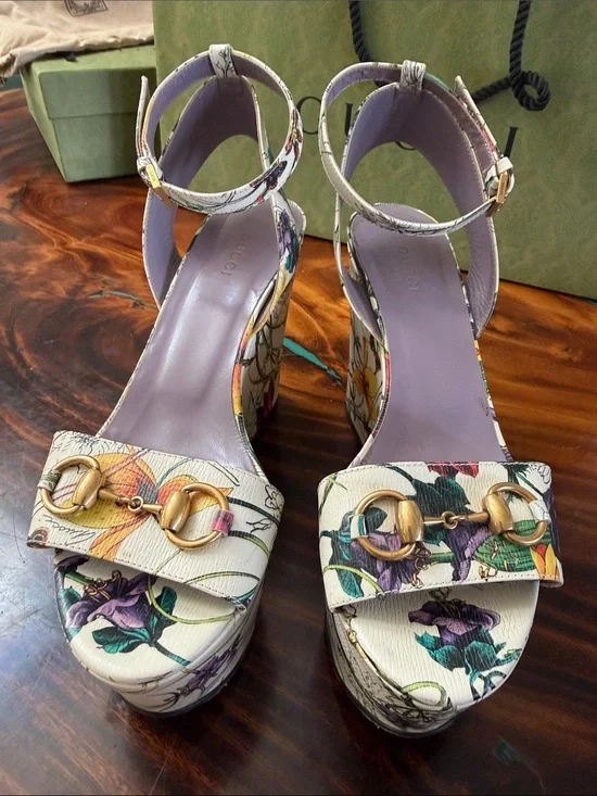 Gucci Floral Platform Sandals in White with Lavender Insole and Gold Hardware