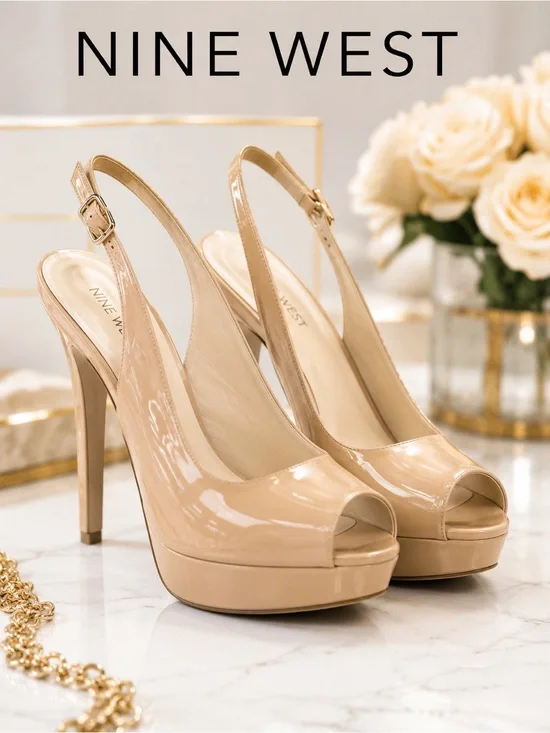 Nine West Pretta Nude Patent Peep Toe Slingback Platform Heels Size 10
