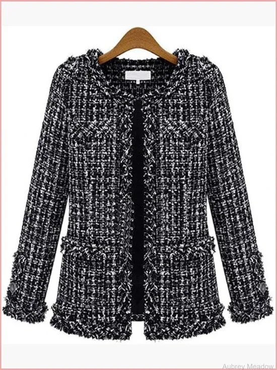 Elegant Open Front Fringed Plaid Tweed Jacket Blazer