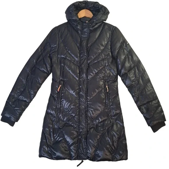 Kjus Womens Black Goose Down Puffer Parka Women's Small Hooded Quilted Jacket