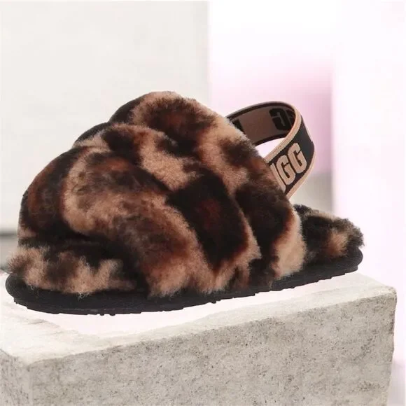 UGG Kids Animal Print Fluffy Slippers - 10 - Good Condition