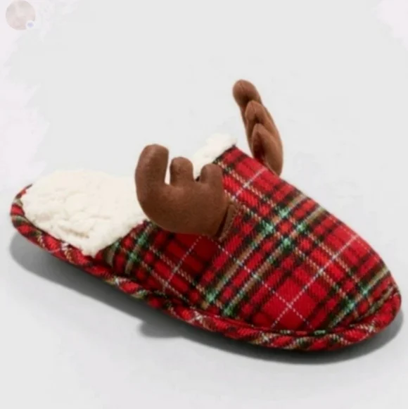 NWT Wondershop Kids' Holiday Plaid Reindeer Moose Slippers Size 9-10 Unisex New