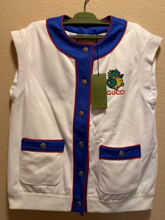 New Authentic Gucci Logo Dinosaur Button Up Vest White Blue Size S