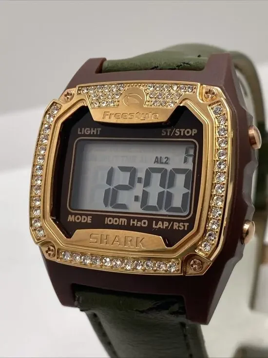 Freestyle Shark Rosegold Rhinestone Green Band Surfing Summer Watch New Battery