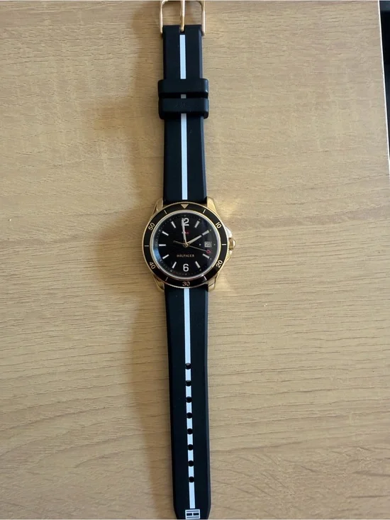 Tommy Hilfiger Blue and White Stripe Silicone Watch with Gold