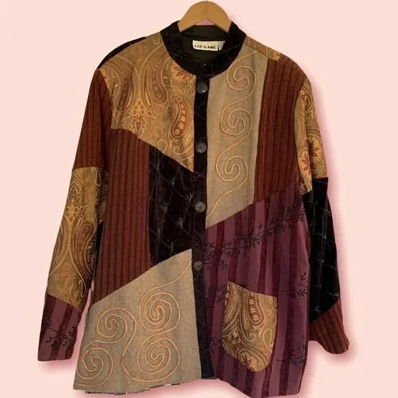 Vintage Liz & Me mixed media tapestry mandarin collar jacket