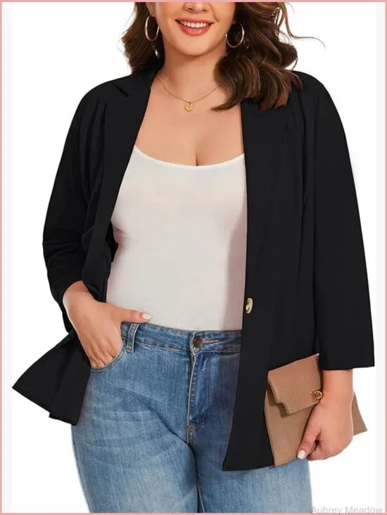 Plus Size Blazer 3/4 Sleeve Notch Lapel One Button Open Front Pockets Work