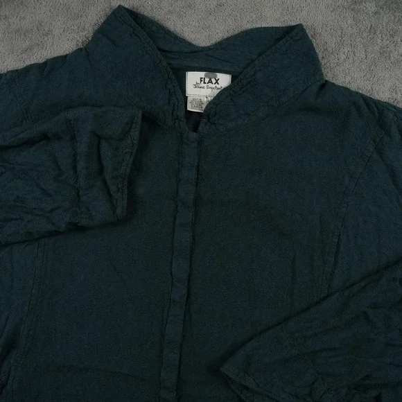 FLAX Button Up Top Womens L Green Rayon Blend Boxy Snap Front‎ Lagenlook Funnel