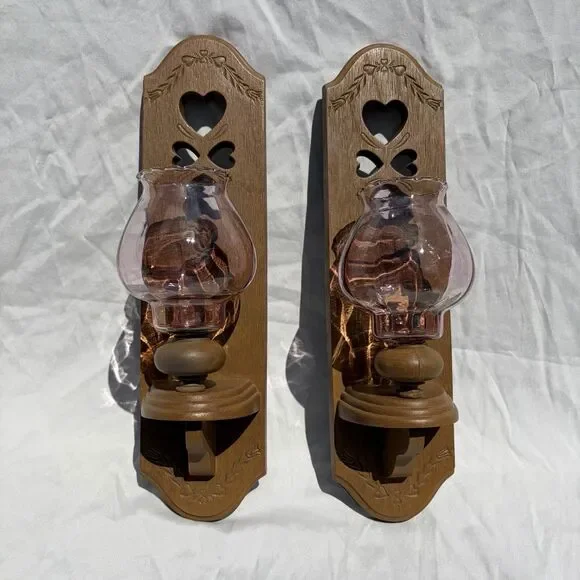 Vtg Set of 2 Burwood Faux Wood Wall Mount Candle Holders/Sconces W/ ❤️ Cut Outs.