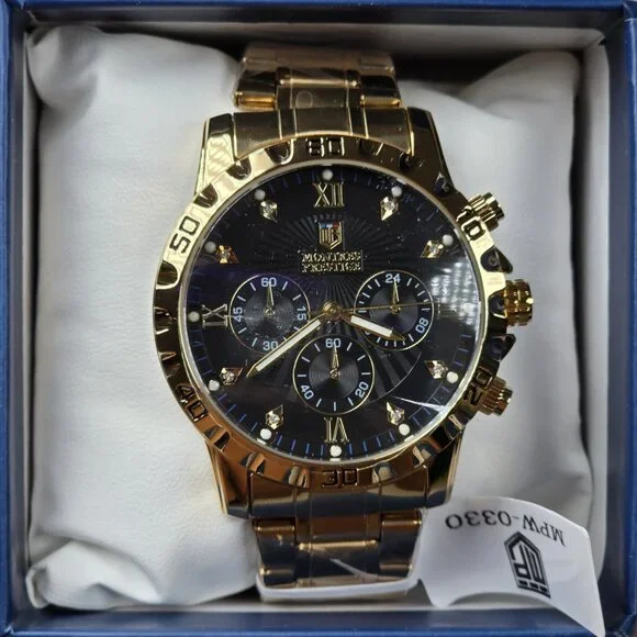 Montres Prestige MPW-0330‎ Gold Chronograph Style Watch Black Dial New w Box