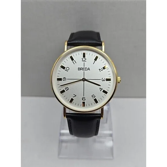 Breda Gold White Dial Quartz Unisex Watch Black Leather Strap New Battery Dallas