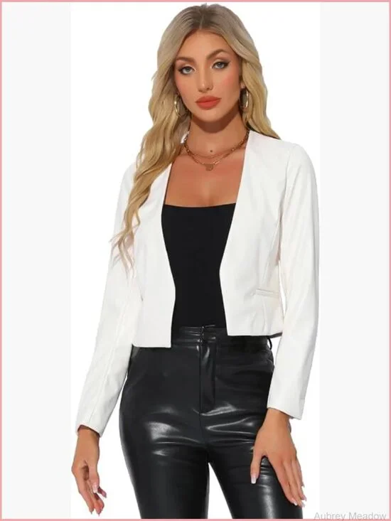 Faux Leather Crop Blazer Jacket Collarless Open Front Moto Pu Jacket