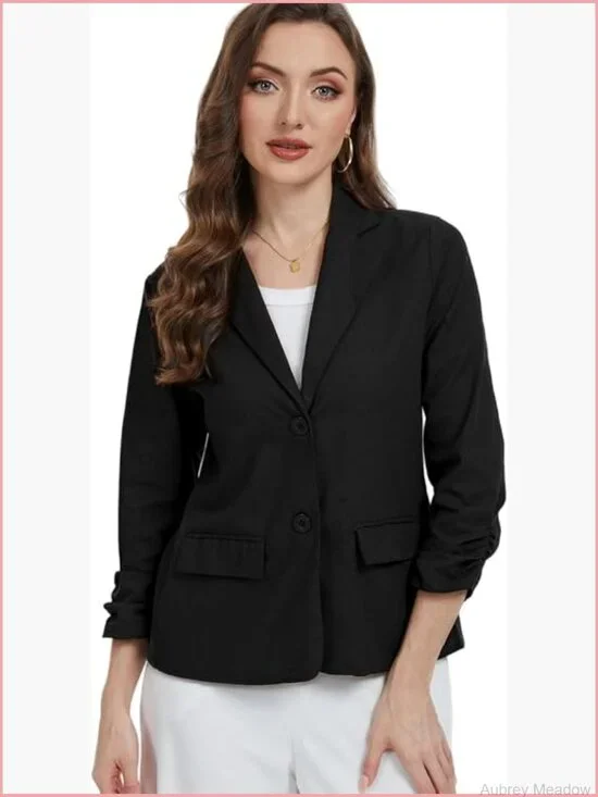 Linen Blazer Jacket Lightweight 3/4 Ruched Sleeve Button Work Office