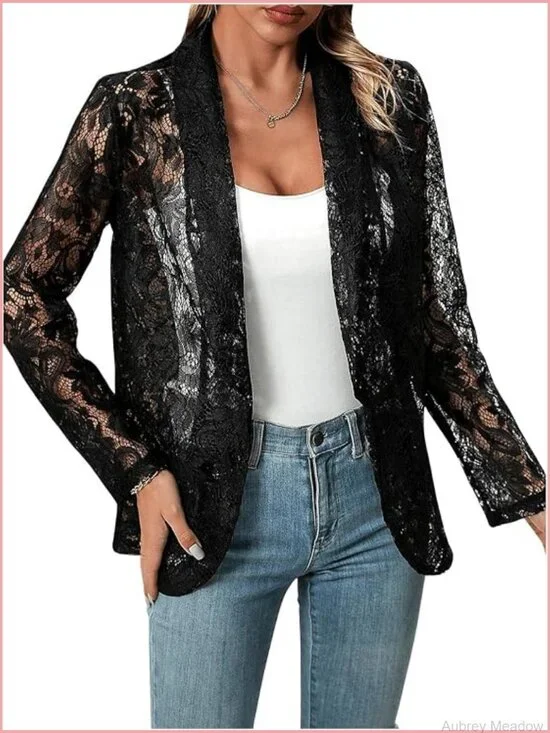 Lace Open Front Long Sleeve Sheer Casual Blazer Jacket