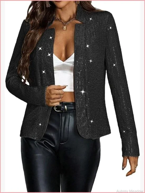 Sequined Blazer Jacket Open Front Long Sleeve Party Coat Clubwear