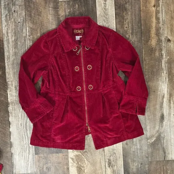 Y2K Red Corduroy Jacket Double Zip Military Utility Coat Plus Size 1X