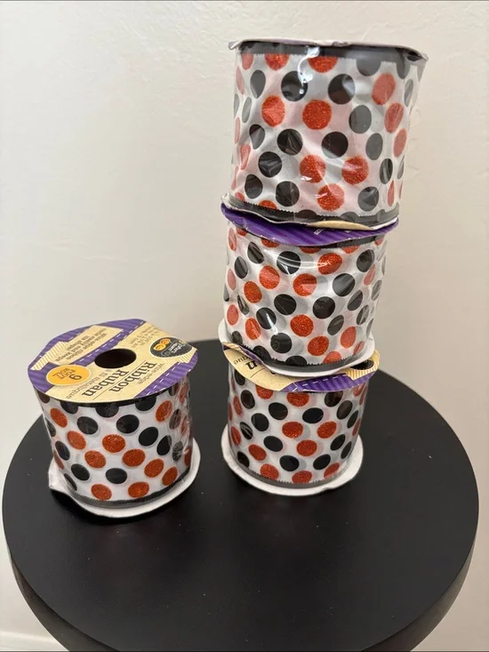 Halloween Dot Wired Ribbon - Orange & Black 2.5in x 3 yards (price per spool)