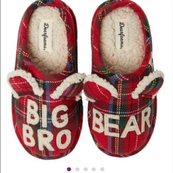 Dearfoams Kids Toddler Little Kids Big‎ Bro Bear Plaid Red Slippers NEW 7-8 US