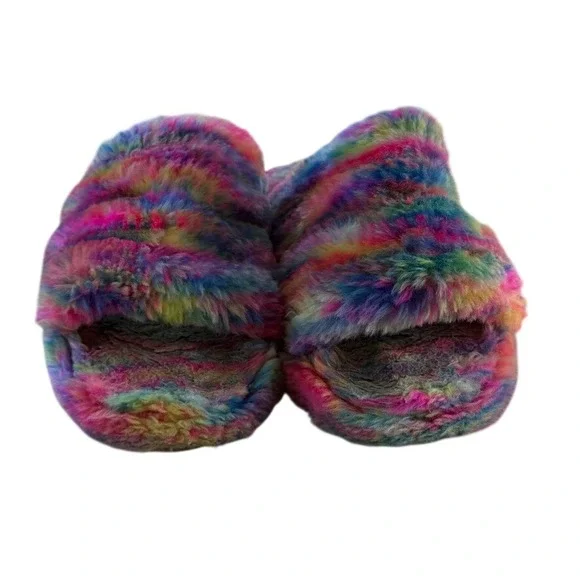UGG Fluff Yeah Slides Kids Rainbow Color Faux Fur Slides Sandals 1129072K Size 1