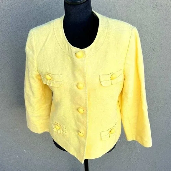 Talbots Petites Yellow Textured Button‎ Front Blazer Jacket 12P Solid Round Neck
