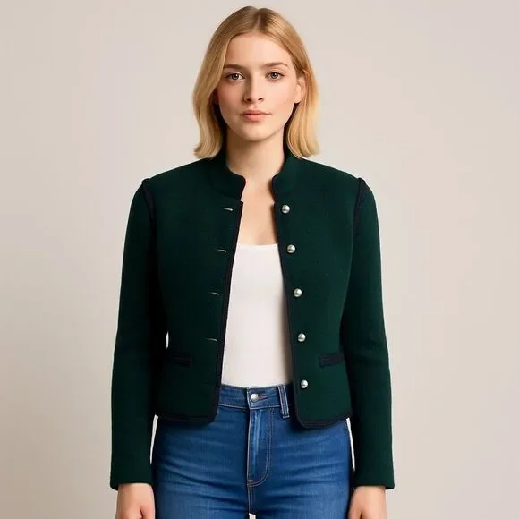 Jos A. Bank Vintage Baseball Green Crop Long Sleeves Pure Virgin Wool Jacket