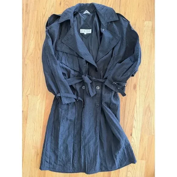 Vintage Concept Women's Black Crinkled Double-Breasted Trench Coat - Size 11