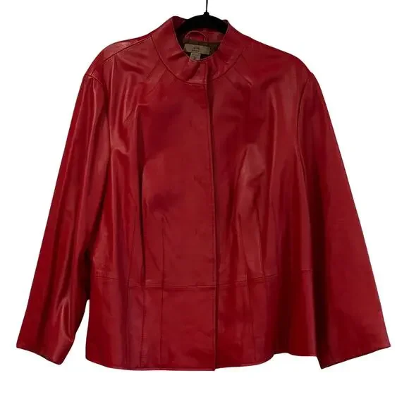 Liz Woman Red Leather Jacket 2X Plus Size Minimalist Career Office Classic Coat