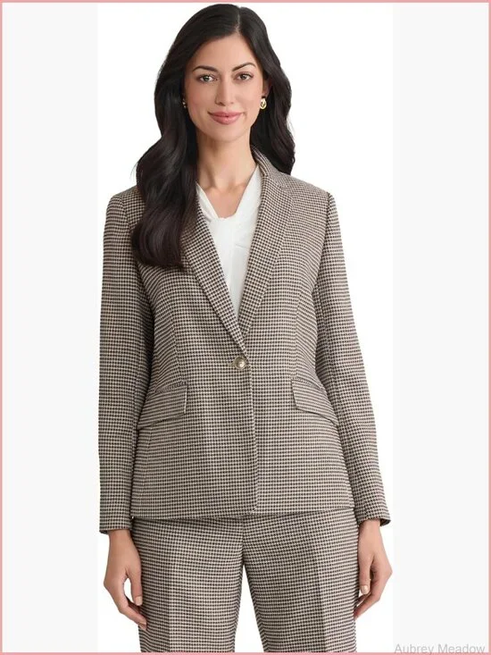 Womens Houndstooth One Button Blazer Tailored Office Work Jacket