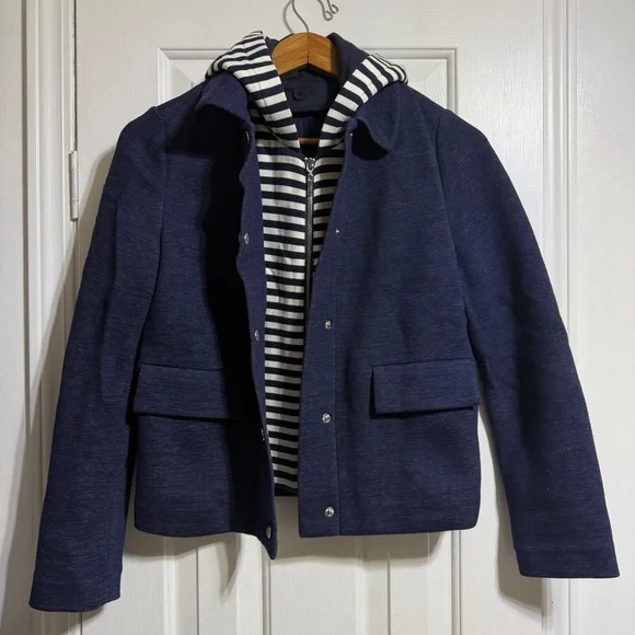 Tory Burch navy blue detachable striped hoodie jacket coat style# 11162501