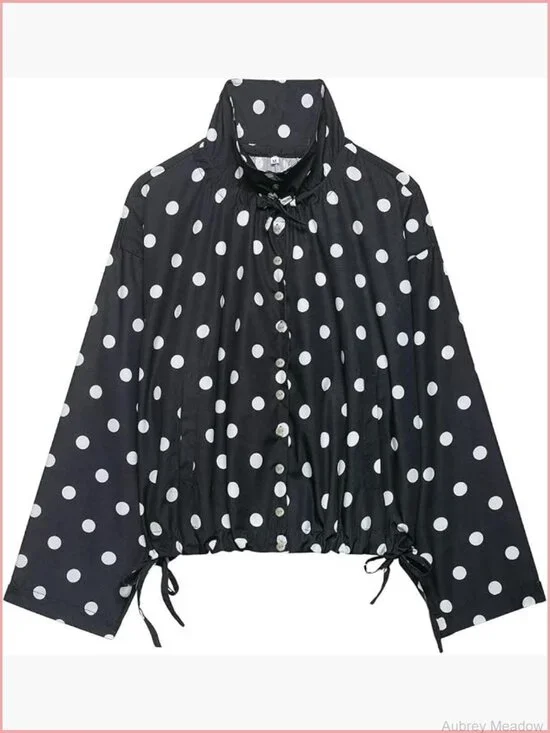 Polka Dot Cropped Jacket Drawstring Hem Button Front Lightweight Coat with