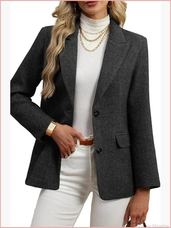 Wool Blend Tweed Blazer Herringbone Oversize Blazer