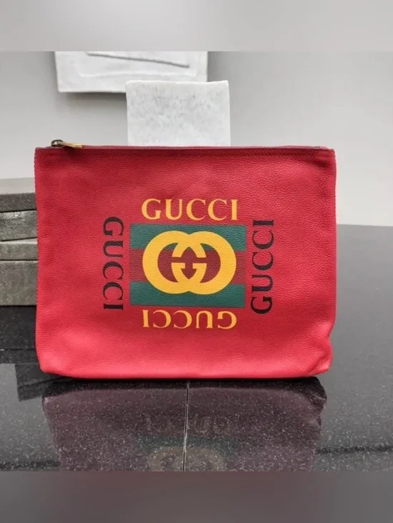 Gucci Red Leather Pouch with Green and Yellow Logo