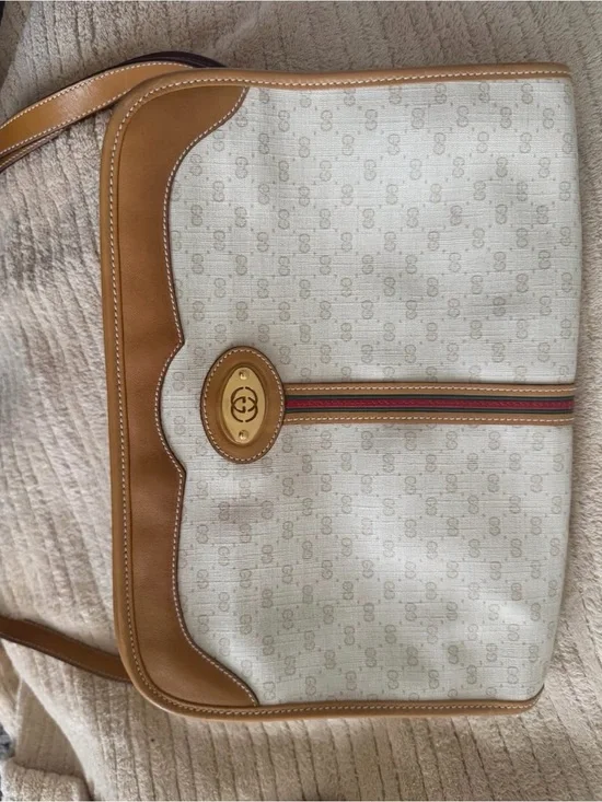 GG Beige Canvas Messenger Bag with Tan Leather Trim and Stripe