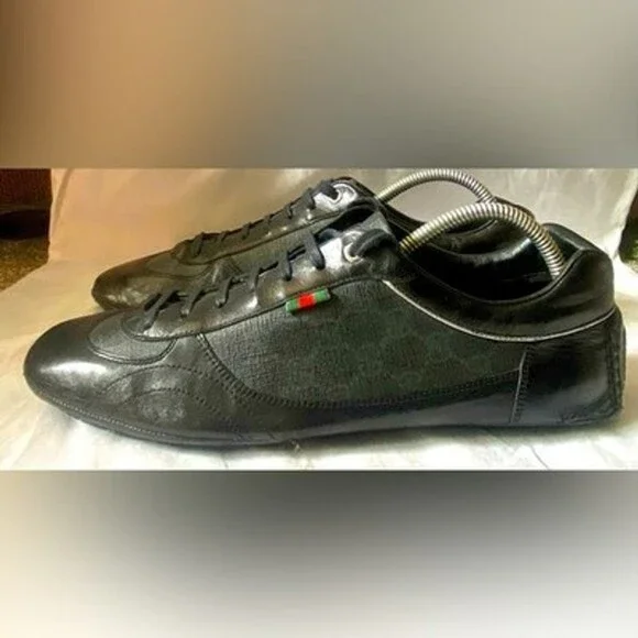 Gucci GG Monogram Signature Men Black Leather Low Top Sneakers US 10.5
