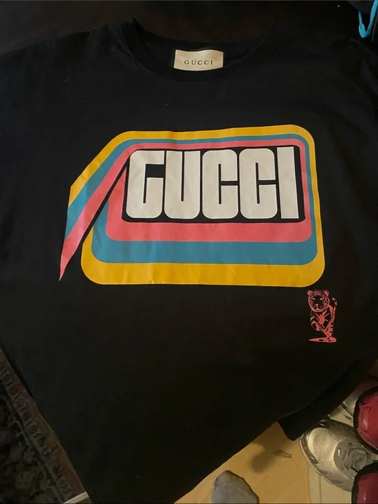 Gucci Black Tee with Yellow, Blue, Pink and White Retro Logo, Size S Men’s