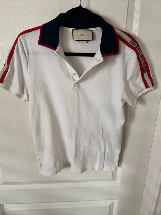 Gucci White Polo with Navy Collar and Red Stripe Accents