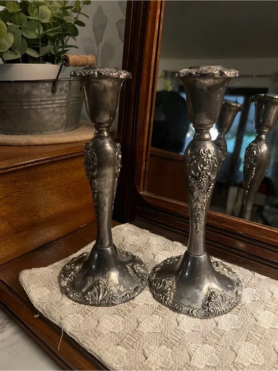 GODINGER Classic Vintage Silver Plated Baroque Candlestick Holders Set of 2 GUC