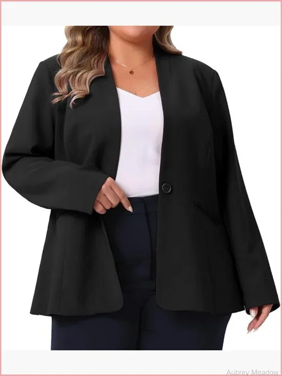 Plus Size Collarless Open Front Blazer Business Casual Work Office Jacket with