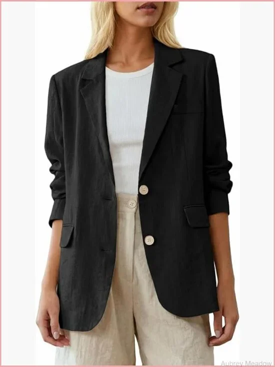 Linen-Blend Long Open-Front Blazer Lightweight Casual Work