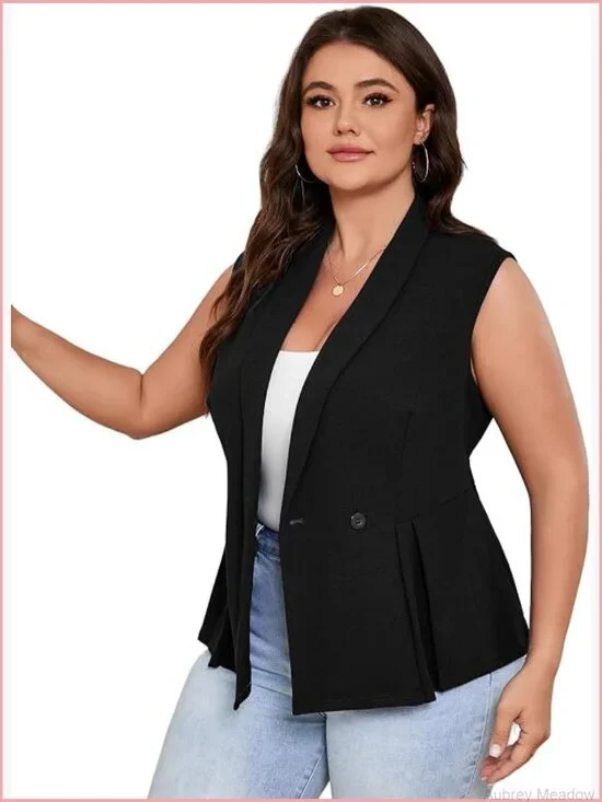 Plus Size Sleeveless Blazer Vest Business Casual Shawl Lapel Peplum