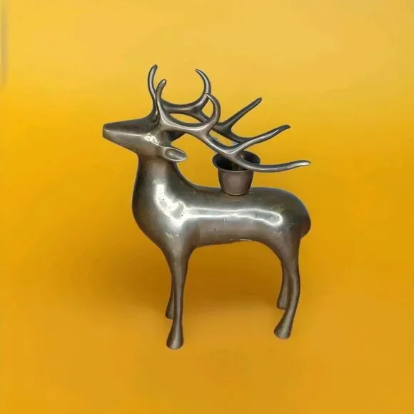 Metal Reindeer Candle Holder Sculpture Dark Brown 7.75